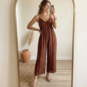 Final Touch Floral Vine Wide Leg Jumpsuit S Terracotta Brown Pockets Boho Earthy